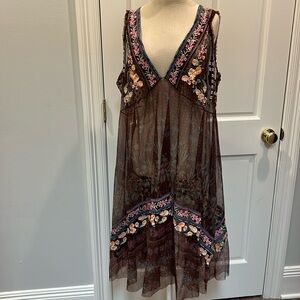 Johnny Was Vatusia Printed Mesh V-neck Sleeveless Dress Floral Embroidery XXL